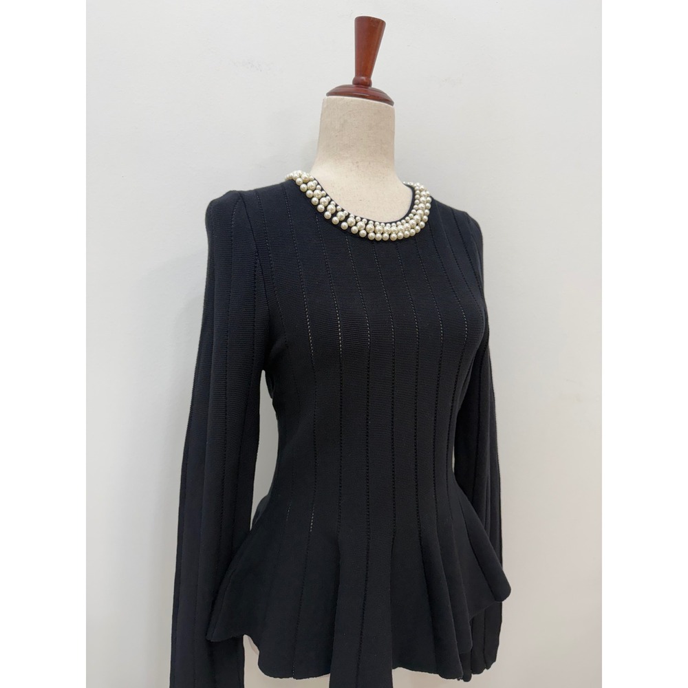 Peplum Top Size M Black Pearl Neck Ribbed Knit